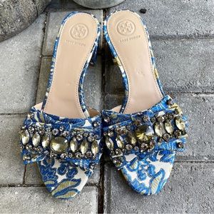 NIB Tory Burch Blue Satin Embroidered Bow Jewel Heel